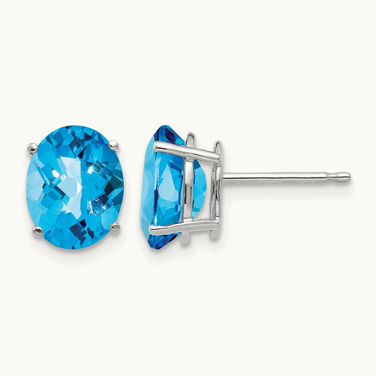 9x7mm Oval Blue Topaz Checker Earrings, 14K White Gold