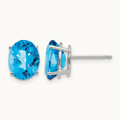 9x7mm Oval Blue Topaz Checker Earrings, 14K White Gold