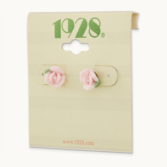 1928 Gold-tone Pink Porcelain Rose Post Earrings