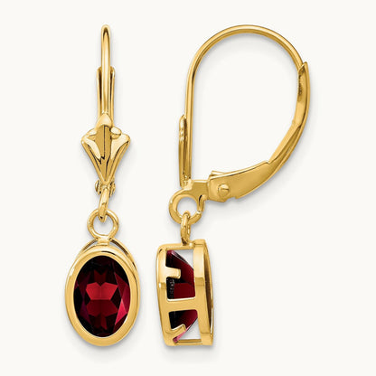 Oval Garnet Leverback Earrings — 14K Yellow Gold, 27mm, 7x5mm
