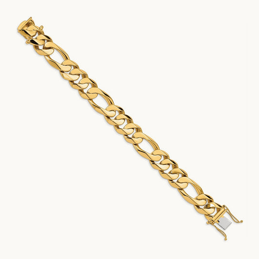 Hand Polished Fancy Heavy Figaro Link Bracelet, 15.7mm, 14K