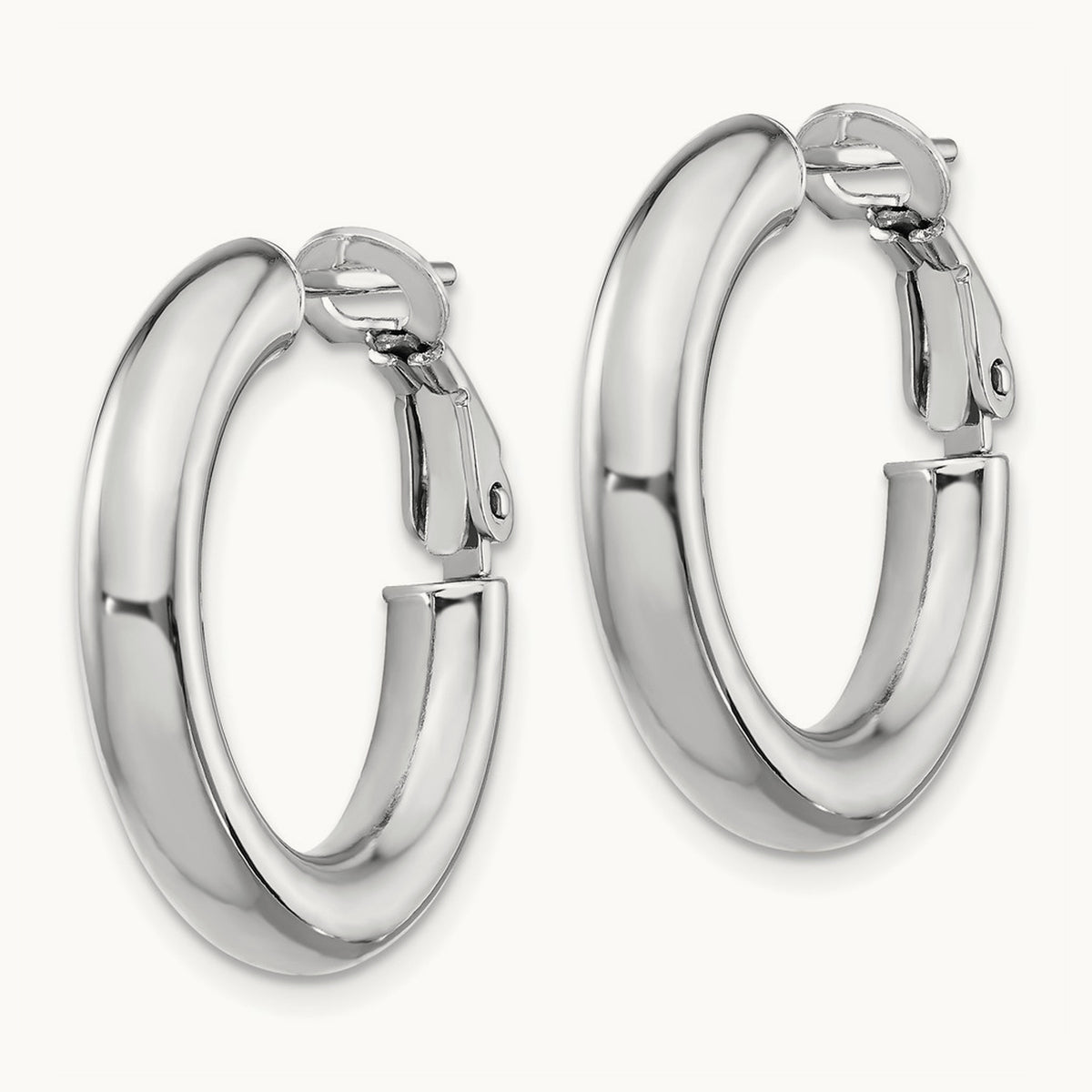 Polished Round Omega Back Hoop Earrings — 14K White Gold, 4x23mm