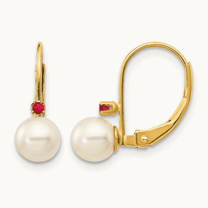 5- White Round FW Cultured Pearl Ruby Leverback Earrings, 5.5mm, 14K