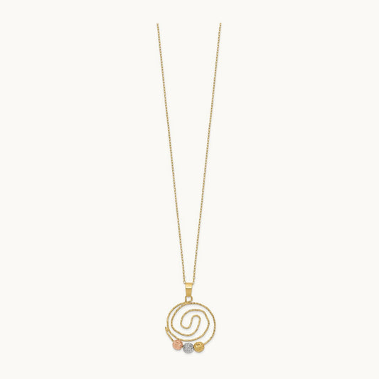 Tri-color D/C Beads on Spiral Pendant Necklace, 14K