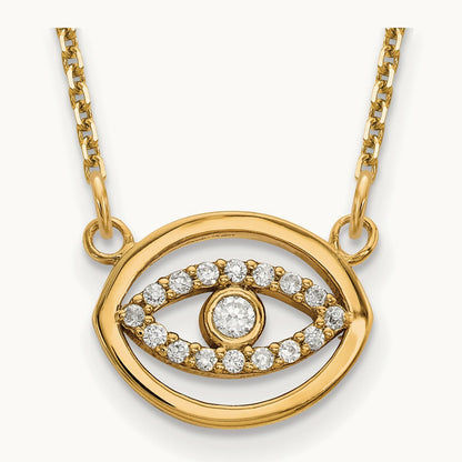 Small Necklace Diamond Gold Halo Evil Eye, 14K Yellow Gold