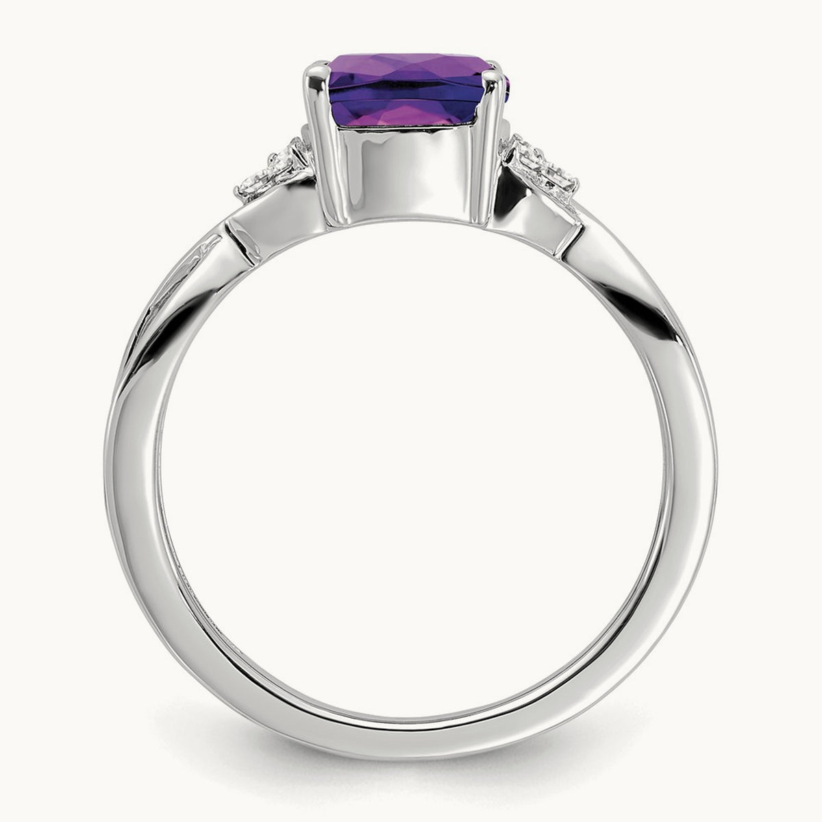 Checkerboard Amethyst and Diamond Ring — 14K White Gold, 7