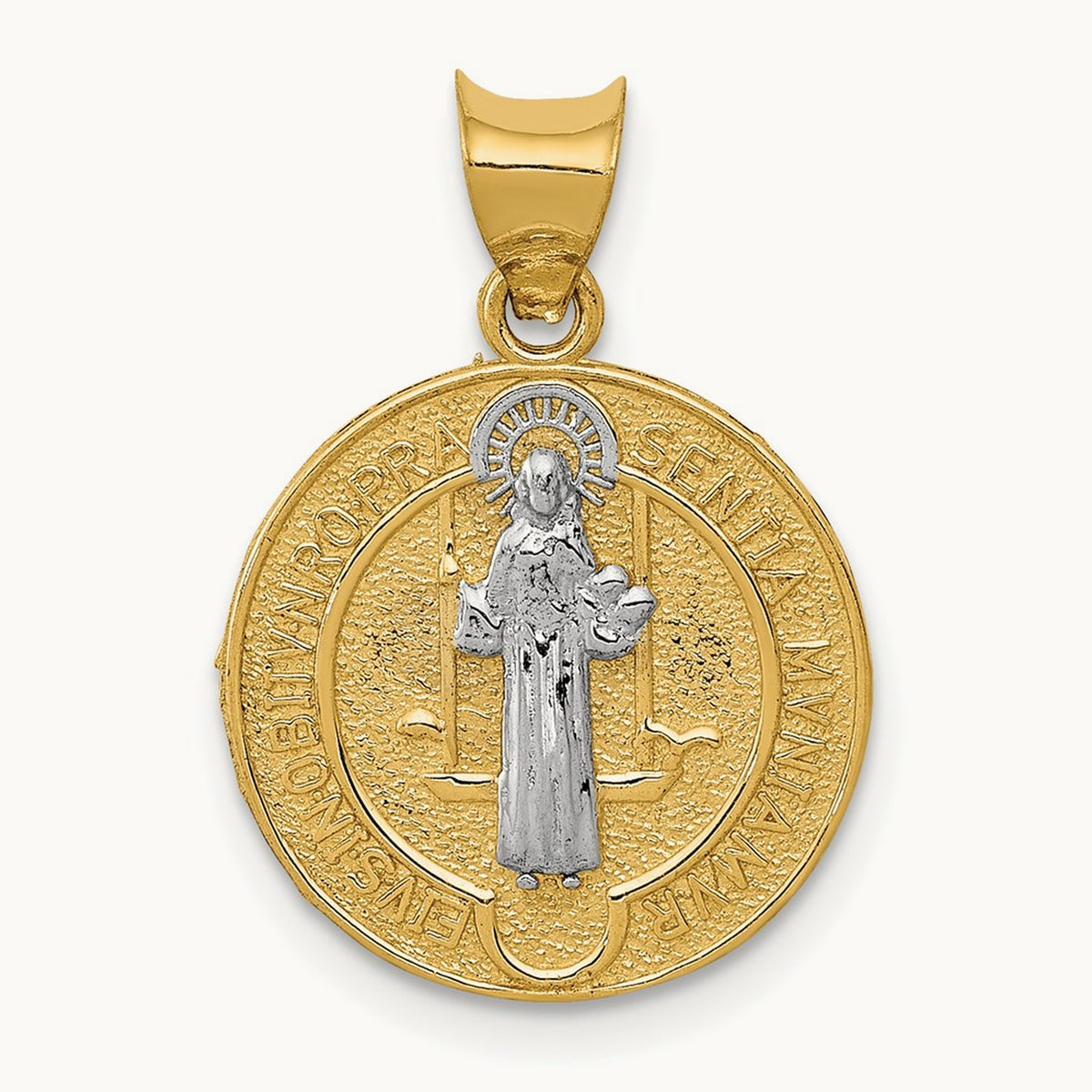 Circle St. Benedict Medal Pendant, 14K with Rhodium