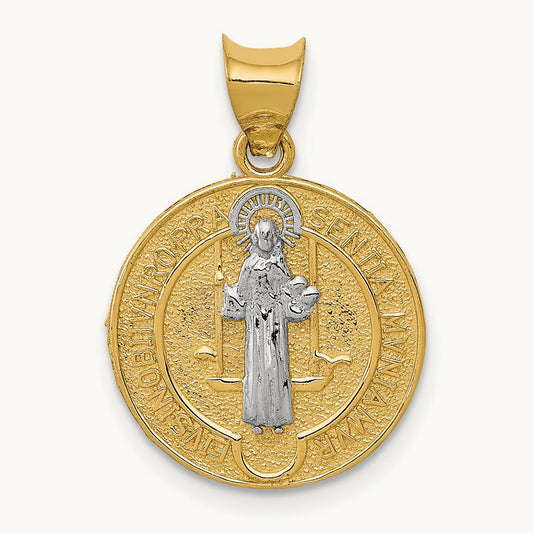Circle St. Benedict Medal Pendant, 14K with Rhodium