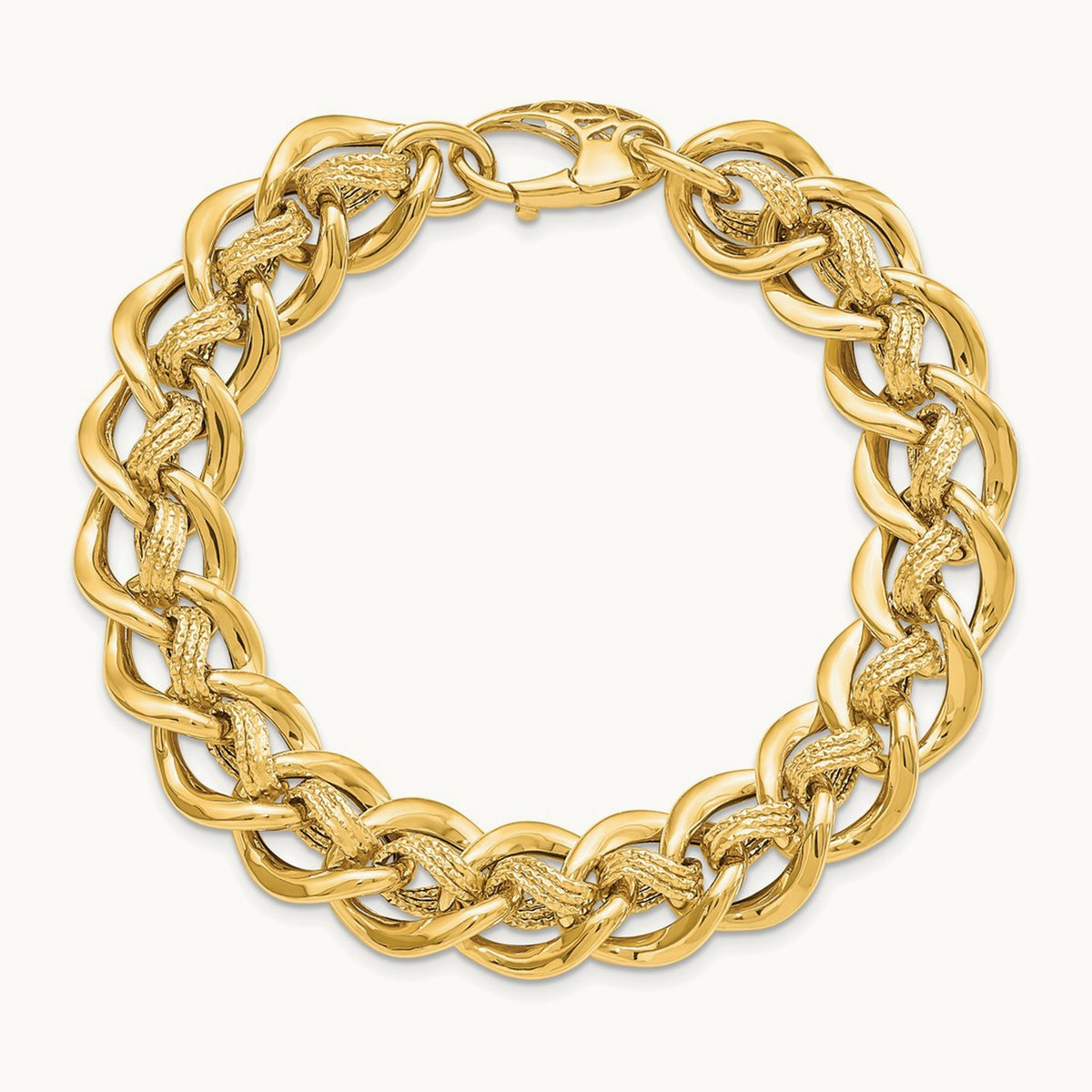 Polished and Textured Fancy Link Bracelet, 14K