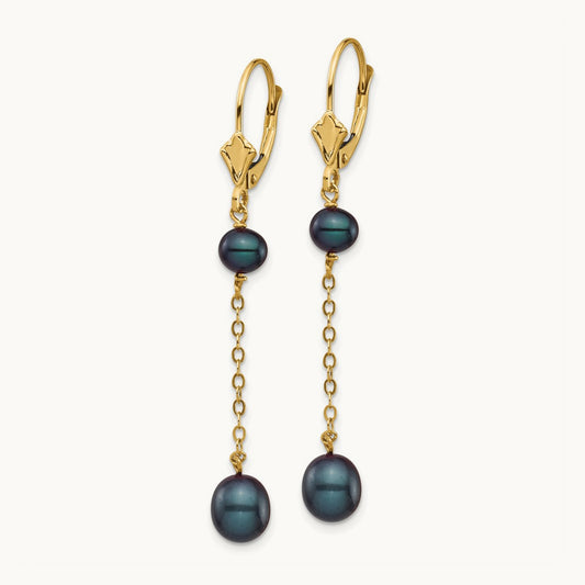 5- Black Rice Freshwater Cultured Pearl Leverback Earrings, 7mm, 14K