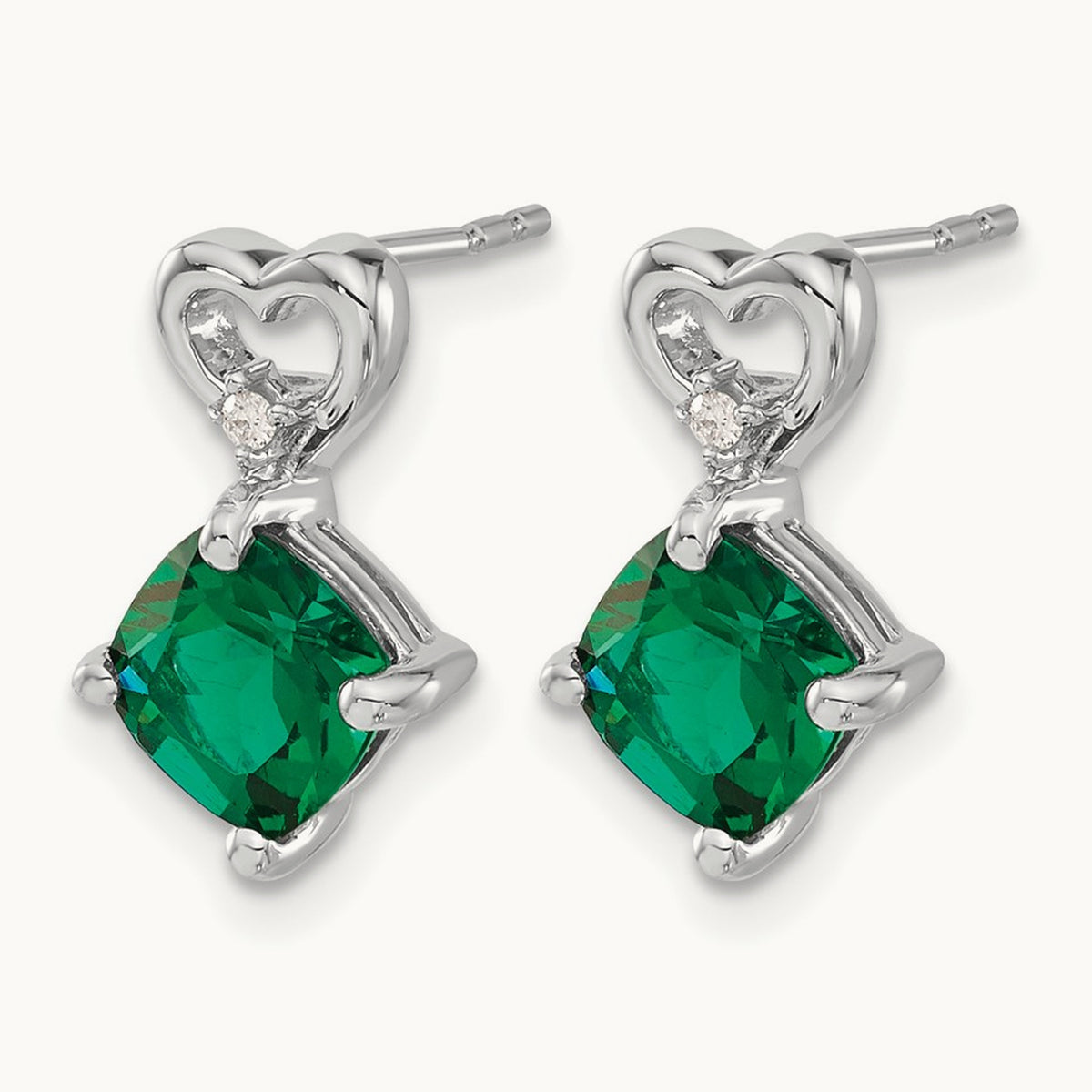 Created Emerald and Diamond Heart Earrings, 14K White Gold