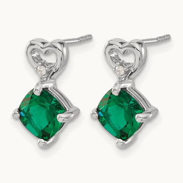 Created Emerald and Diamond Heart Earrings, 14K White Gold