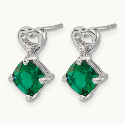 Created Emerald and Diamond Heart Earrings, 14K White Gold