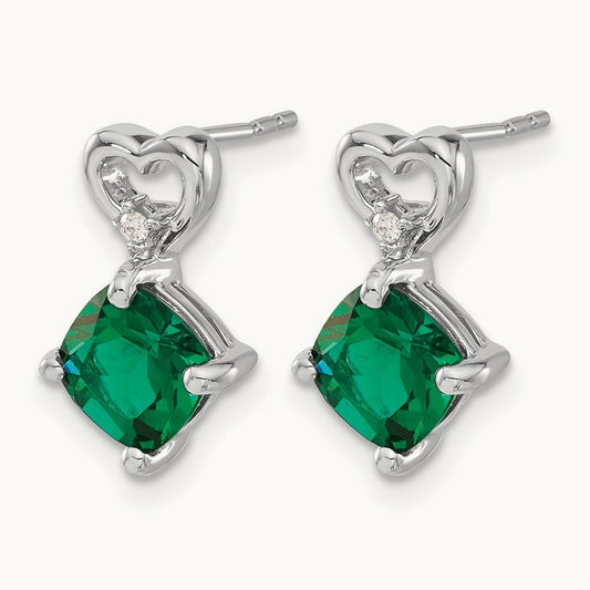 Created Emerald and Diamond Heart Earrings, 14K White Gold