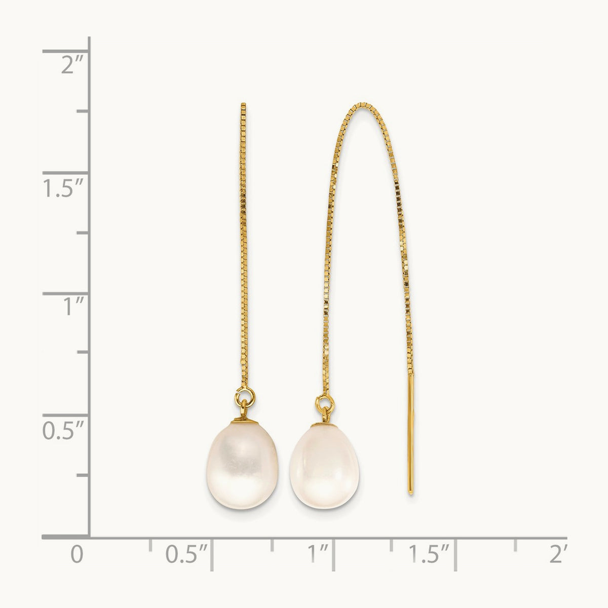 7- White Teardrop FW Cultured Pearl Box Chain Threader Earrings, 8mm, 14K