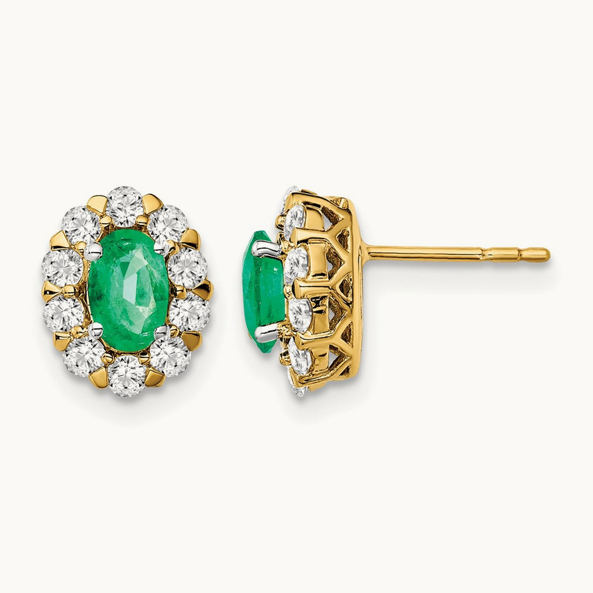 Oval Emerald and Diamond Halo Post Earrings, 14K