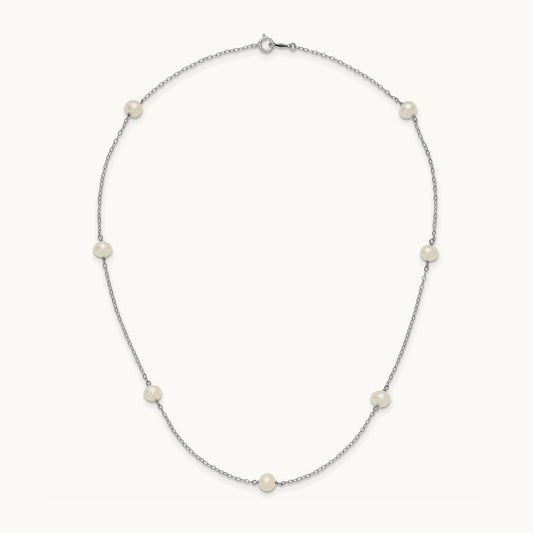 5- Round White FWC Pearl 7 Station Necklace, 6mm, 14K White Gold