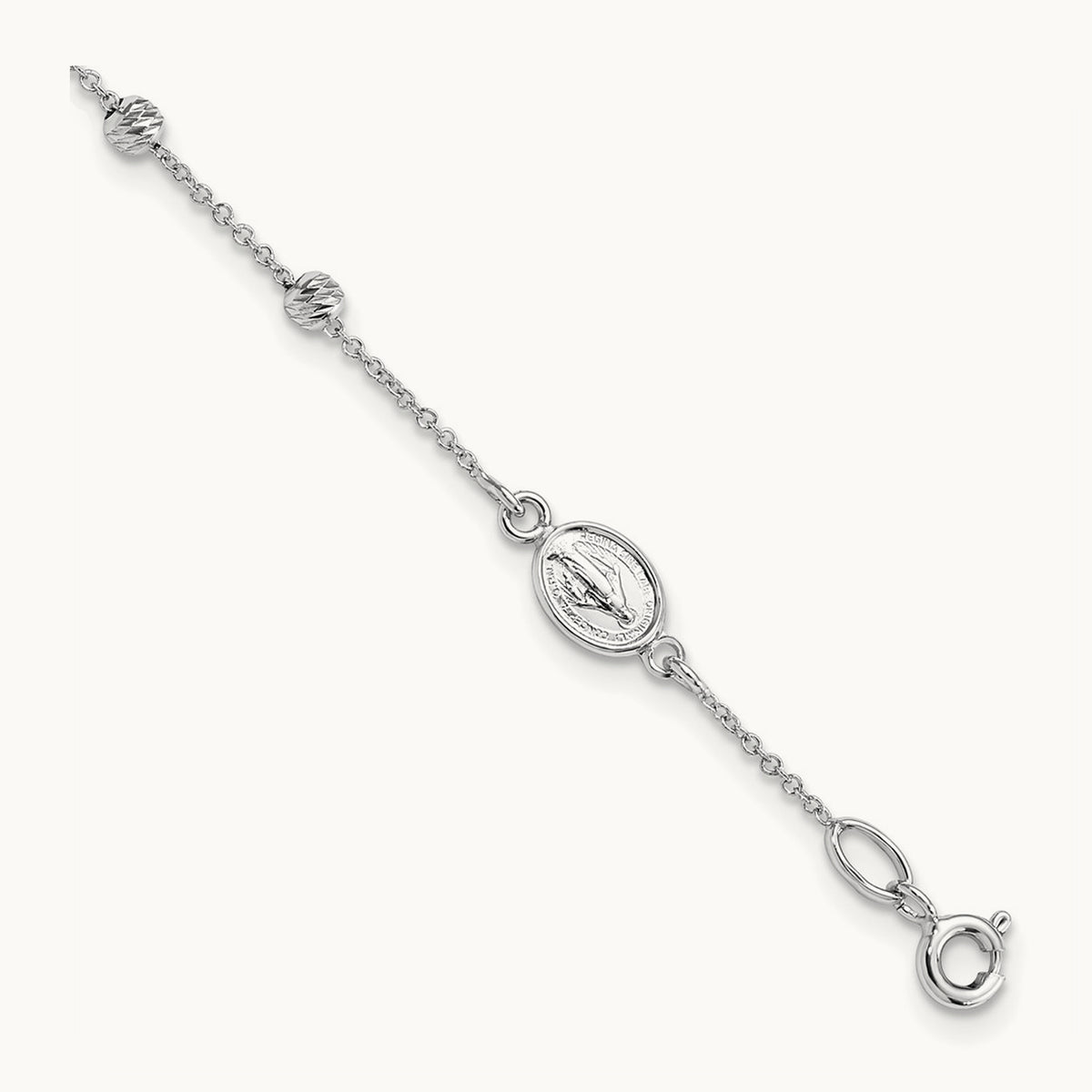 D/C Cross and Miraculous Medal .75in ext. Bracelet, 14K White Gold