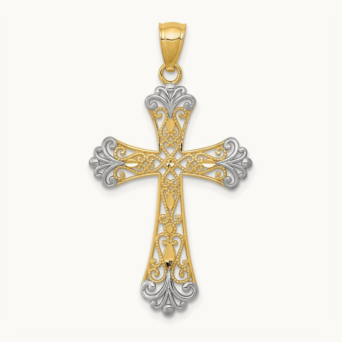 w/Rhodium Diamond-cut Cross Pendant, 14K