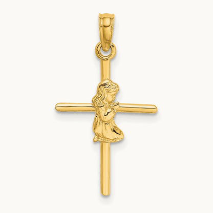 Praying Girl Cross Charm, 14K