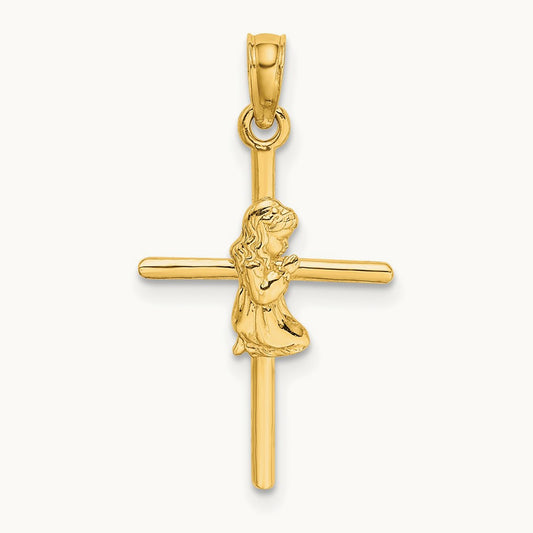 Praying Girl Cross Charm, 14K