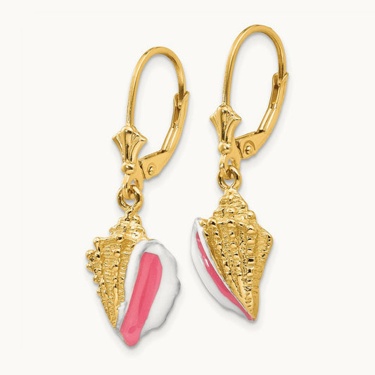 Enameled Conch Shell Leverback Earrings, 14K