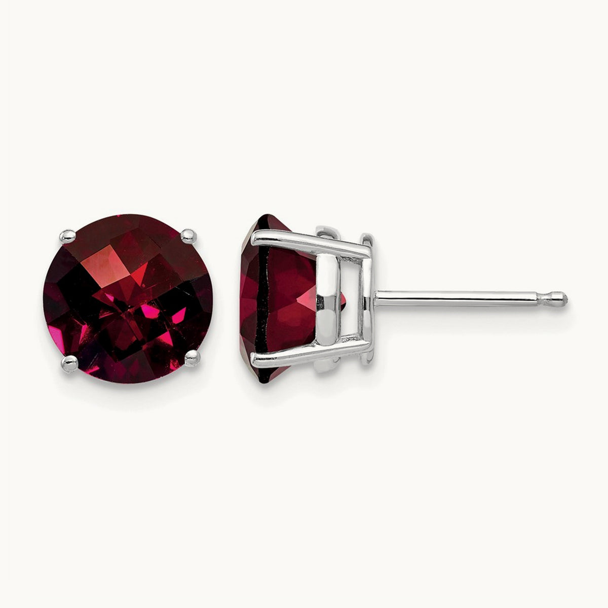 Garnet Checker Earrings, 8mm, 14K White Gold