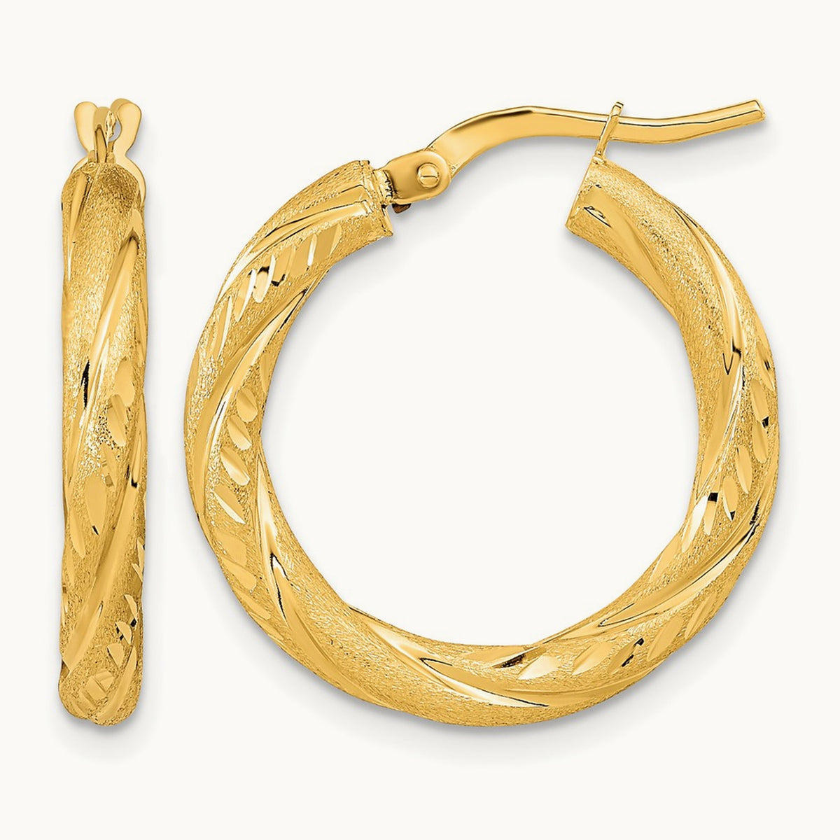 Polished & Satin Diamond-cut Hoop Earrings — 14K Yellow Gold