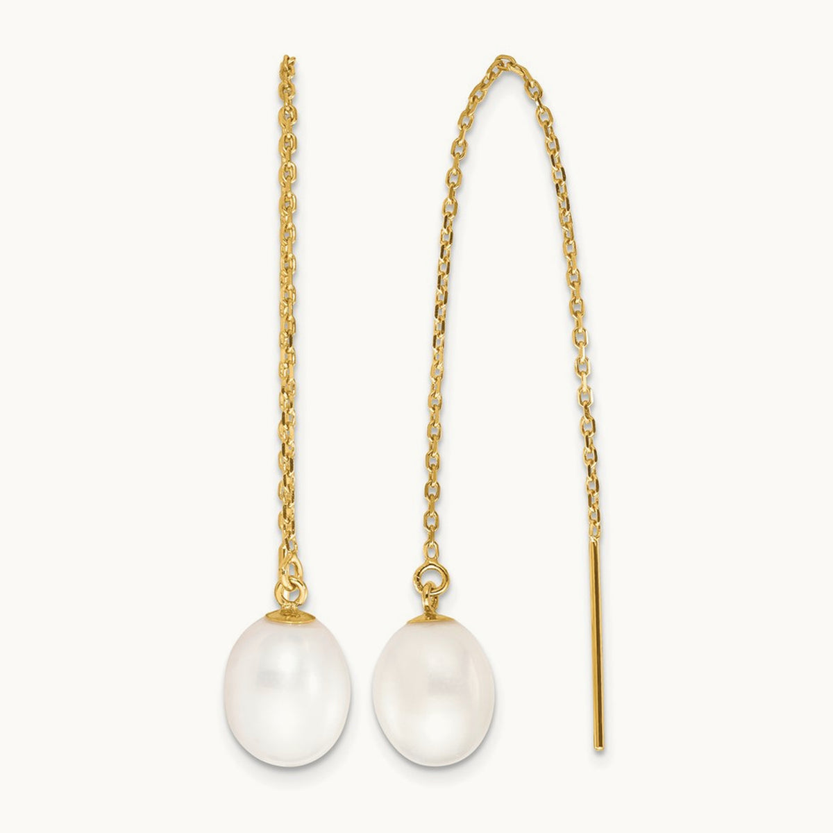 7- White Rice FW Cultured Pearl Cable Chain Threader Earrings, 8mm, 14K