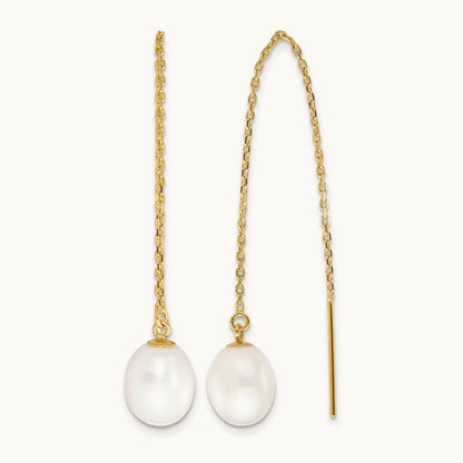 7- White Rice FW Cultured Pearl Cable Chain Threader Earrings, 8mm, 14K