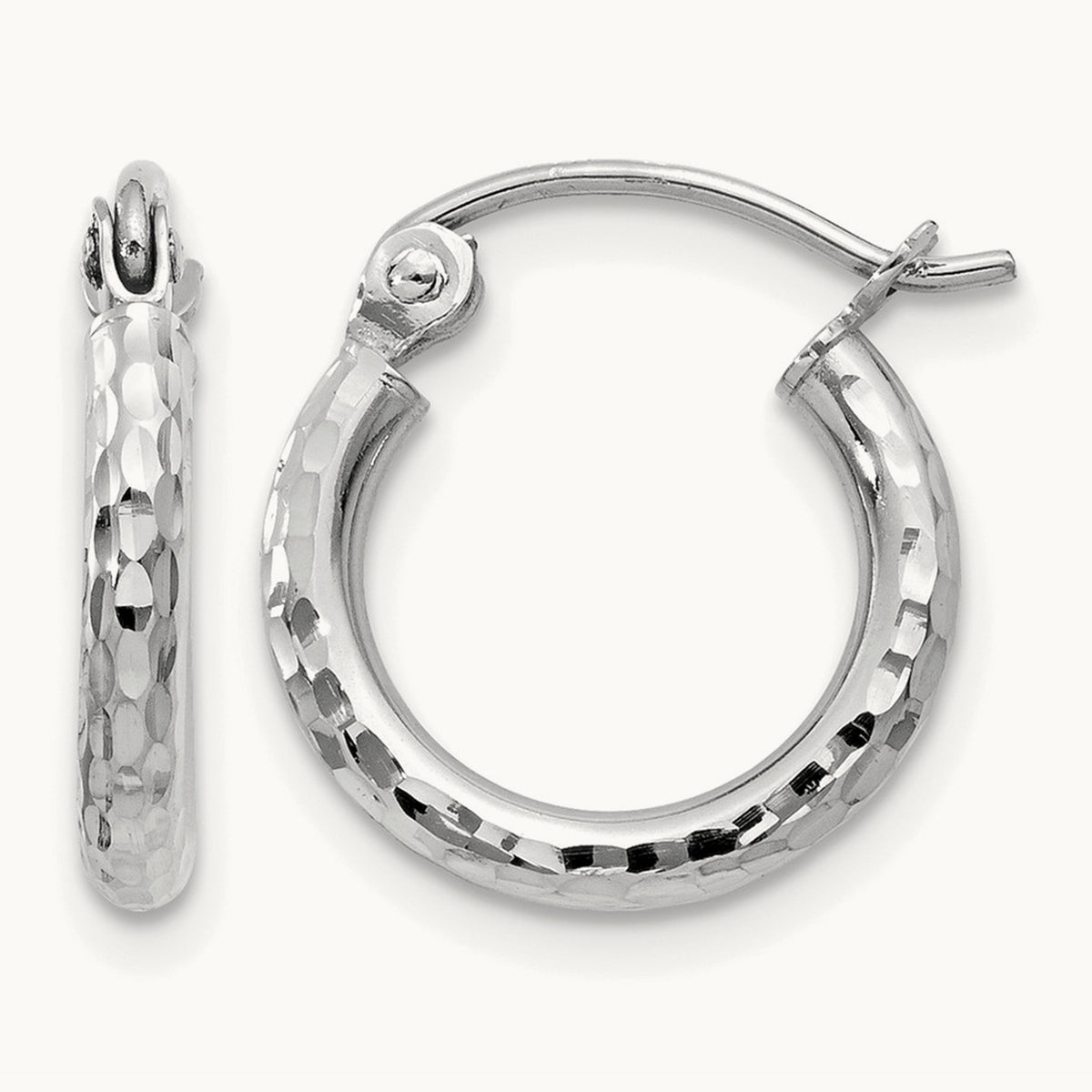 Diamond-cut Round Tube Hoop Earrings — 14K White Gold