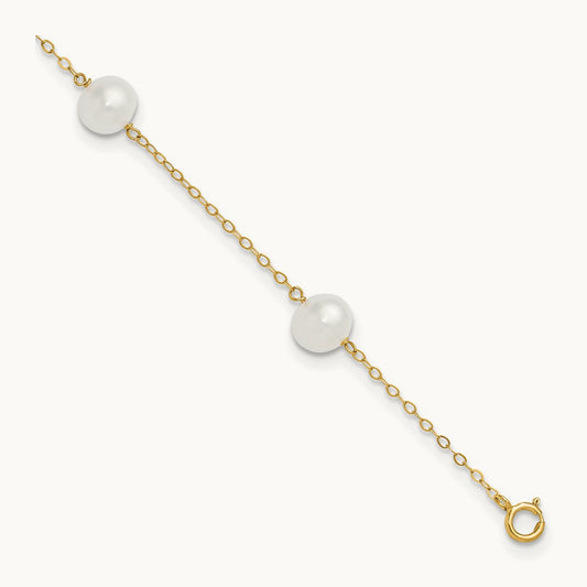 7- White Near Round FW Cultured Pearl 5-station 9in Anklet, 8mm, 14K