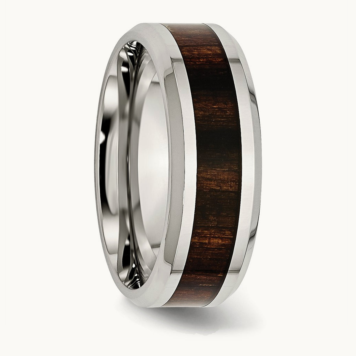 Polished Black Koa Wood Inlay Enameled Band, 8mm, Stainless Steel