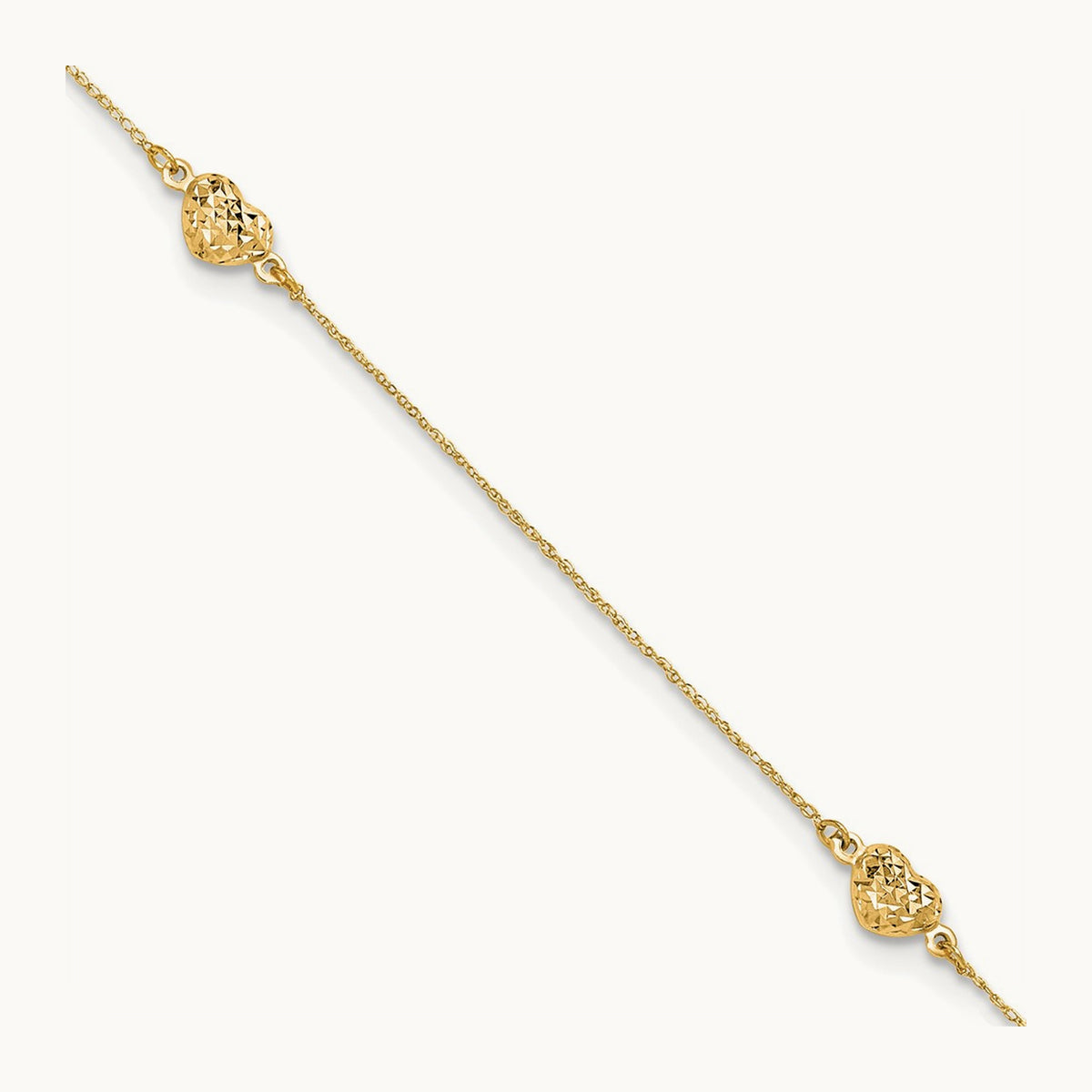 Puff Heart 9in Plus 1in ext. Anklet, 14K