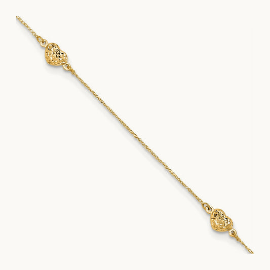 Puff Heart 9in Plus 1in ext. Anklet, 14K