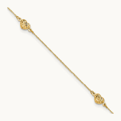 Puff Heart 9in Plus 1in ext. Anklet, 14K