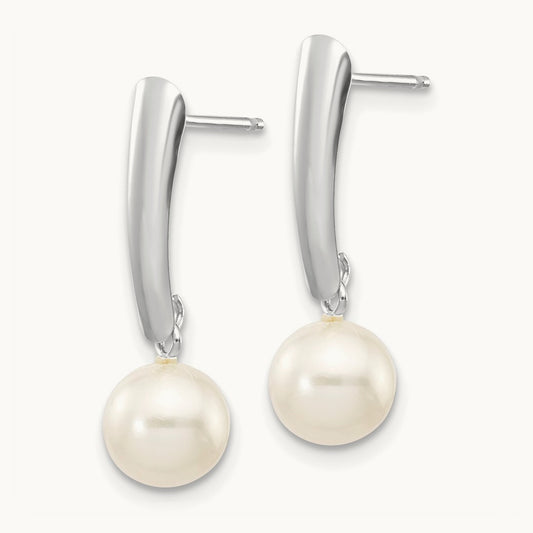 6- Round White FWC Pearl Post Dangle Earrings, 7mm, 14K White Gold