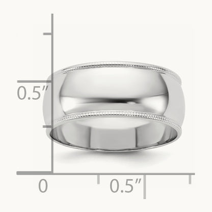 Lightweight Milgrain Half Round Band, 8mm, 10K White Gold