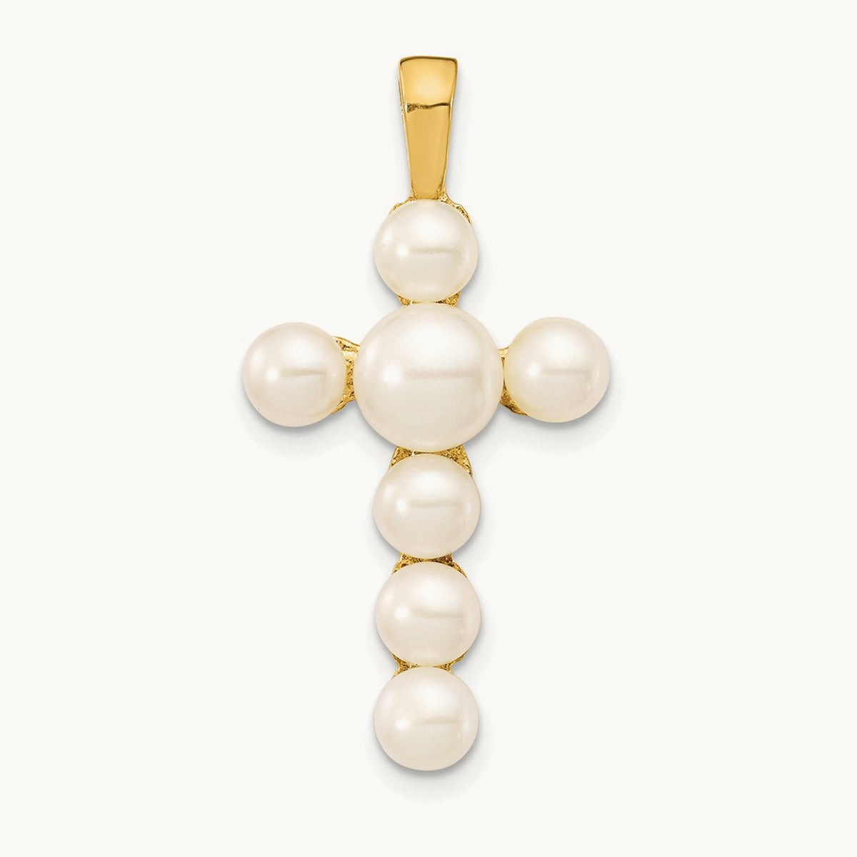 4- White Button Freshwater Cultured Pearl Cross Pendant, 6mm, 14K