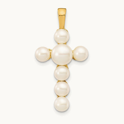 4- White Button Freshwater Cultured Pearl Cross Pendant, 6mm, 14K
