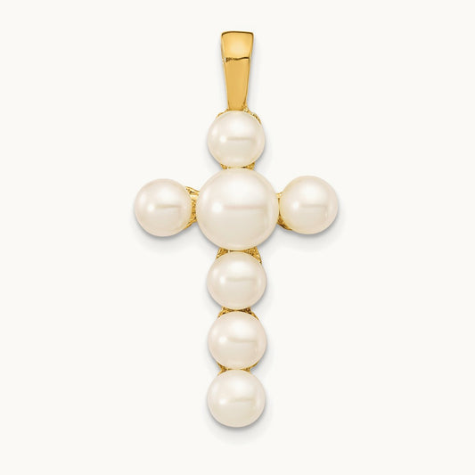 4- White Button Freshwater Cultured Pearl Cross Pendant, 6mm, 14K