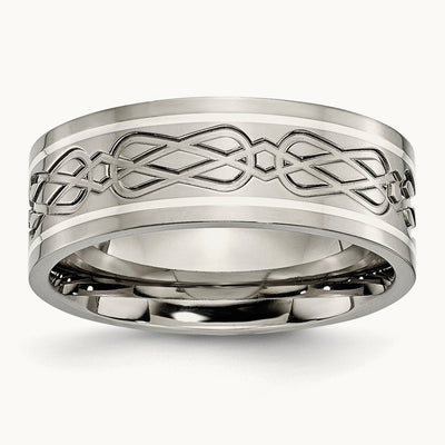 Polished w/Sterling Silver Inlay Celtic Knot Flat Band, 8mm, Titanium