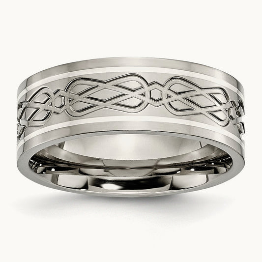 Polished w/Sterling Silver Inlay Celtic Knot Flat Band, 8mm, Titanium