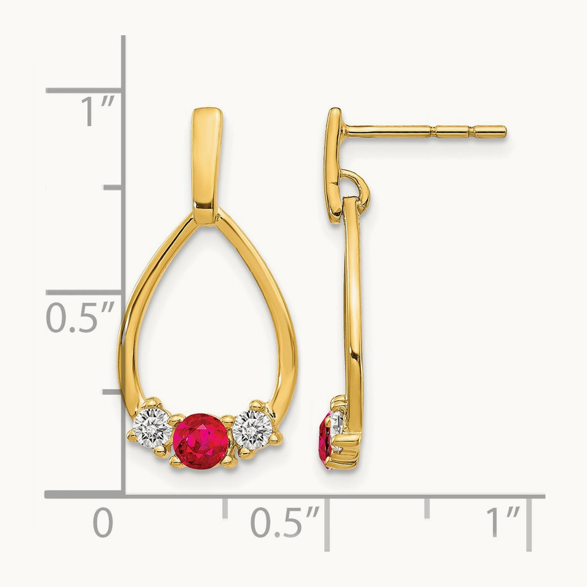 Ruby and White Sapphire Post Dangle Earrings, 14K