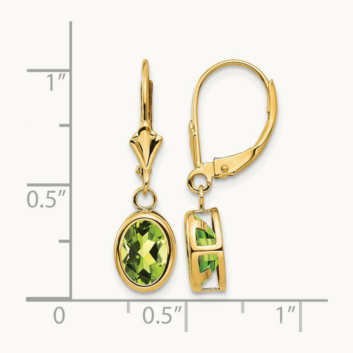 Oval Peridot Leverback Earrings — 14K Yellow Gold, 27mm, 8x6mm
