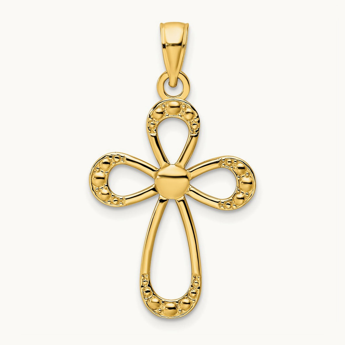 Polished Beaded Cross Pendant, 14K