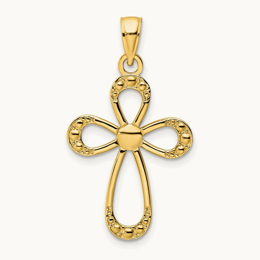 Polished Beaded Cross Pendant, 14K