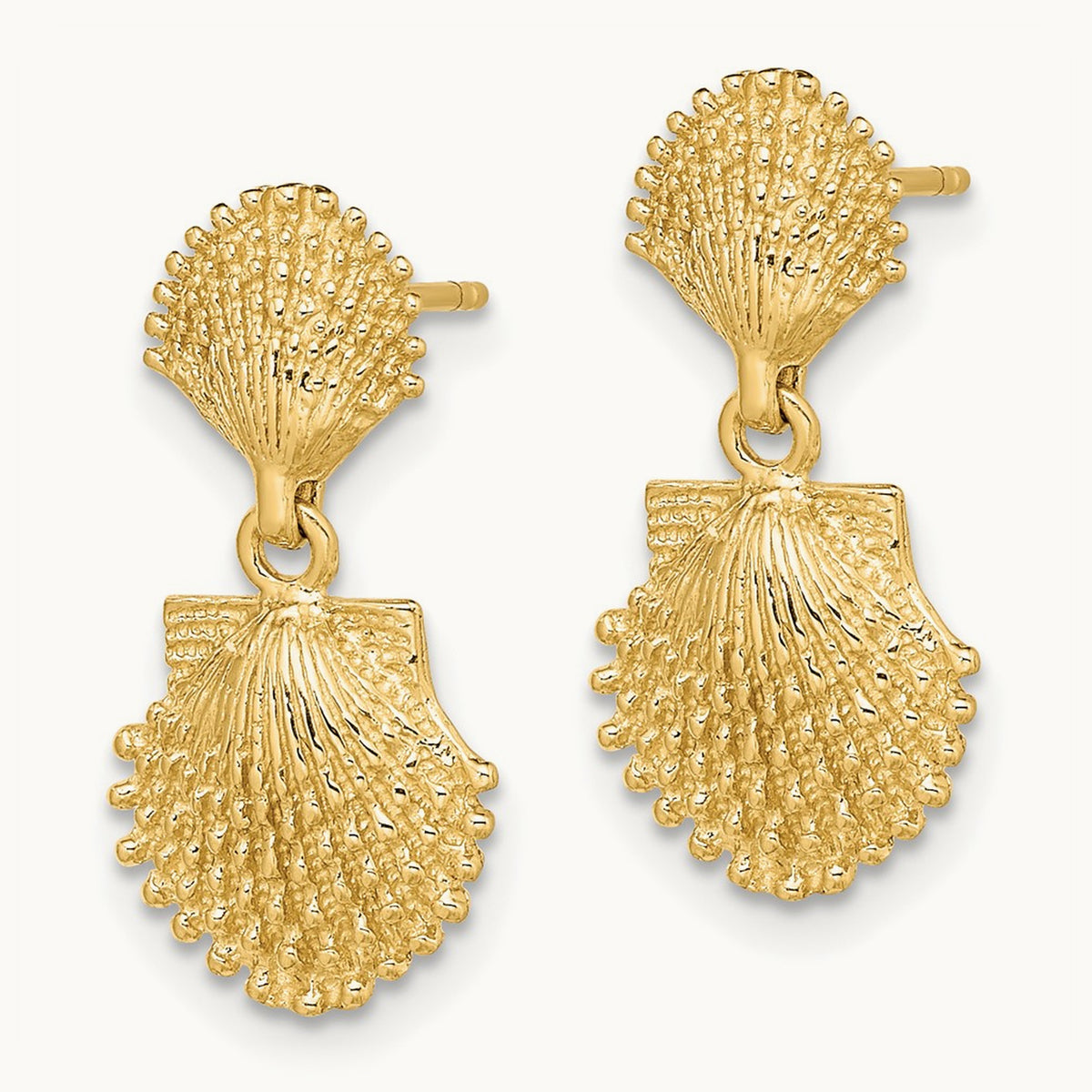 Double Beaded Scallop Shell Dangle Earrings, 14K