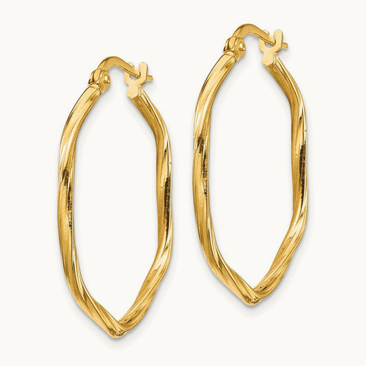 1x1mm Textured Twist Hexagon Hoop Earrings, 14K