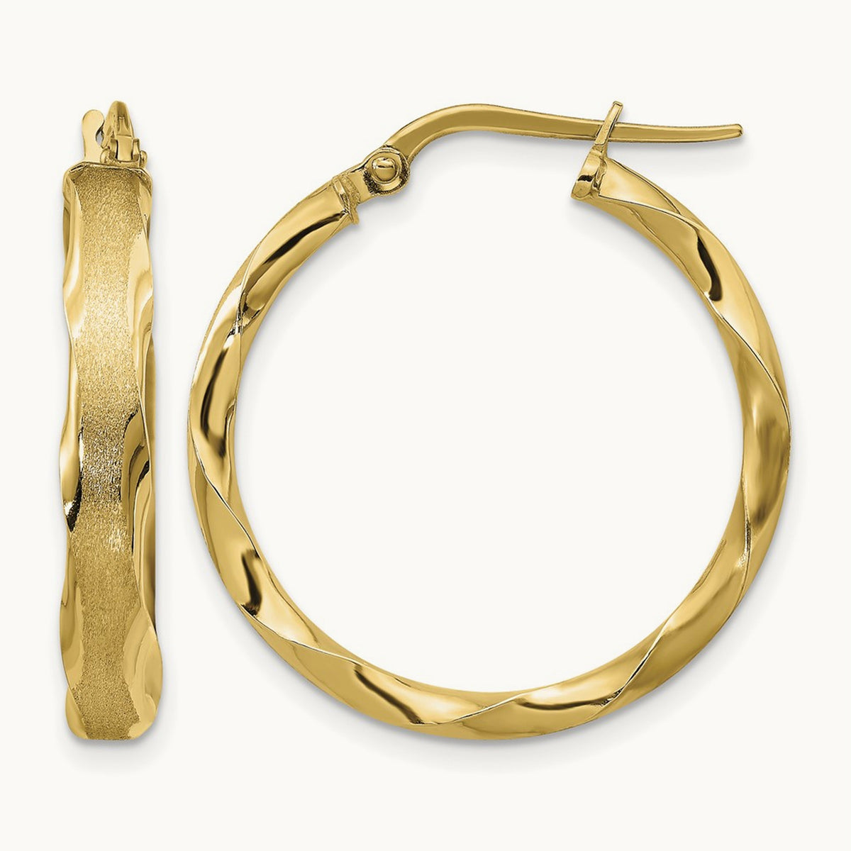 Satin and Polished Scalloped Edge Hoop Earrings — 14K Yellow Gold